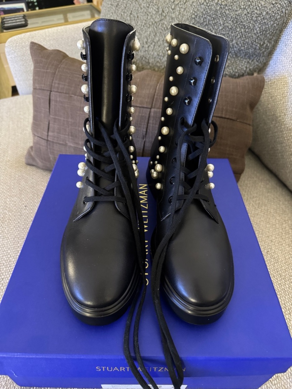 Brand New Stuart Weitzman Black Pearl-Studded Lace-Up Combat Boots